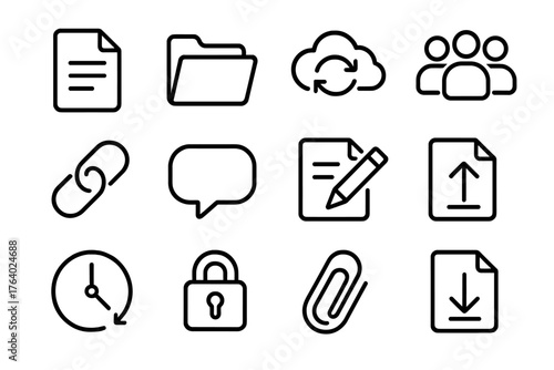 Shared Documents outline icon set: file icon, folder, cloud sync, user group, link icon, comment bubble, edit pencil, upload arrow, version history, lock symbol, paperclip,