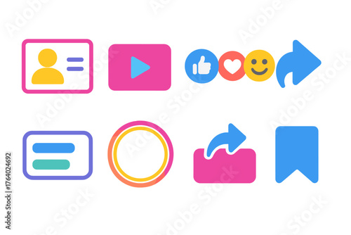 Interactive Posts flat icons: user post card, video play icon, emoji reactions, reply arrow, interactive poll, story frame, share popup, save icon.