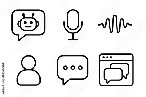 Conversational AI outline icon set: chatbot bubble, microphone icon, speech waveform, typing indicator, user avatar, dialogue window.