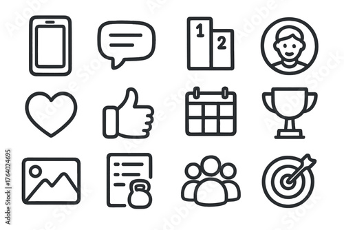 Social Fitness Apps set of icons in doodle hand-drawn vector style: smartphone, chat bubble, leaderboard, friend avatar, heart emoji, like icon, calendar, trophy, post icon,