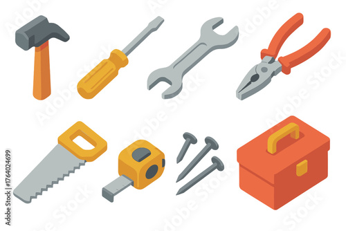 Basic Toolset set icons in modern isometric flat vector style: hammer, screwdriver, wrench, pliers, saw, tape measure, nails, toolbox.