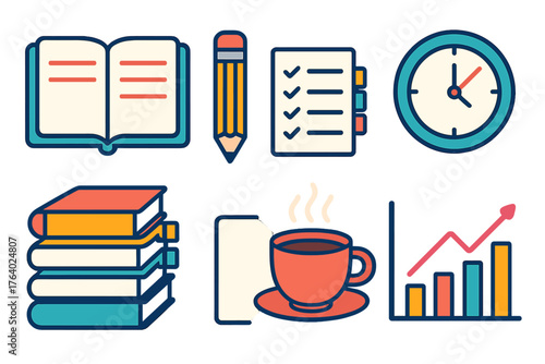 Study Planner flat icons: open notebook, pencil, book stack, clock timer, subject divider tabs, checklist paper, coffee cup, progress chart.