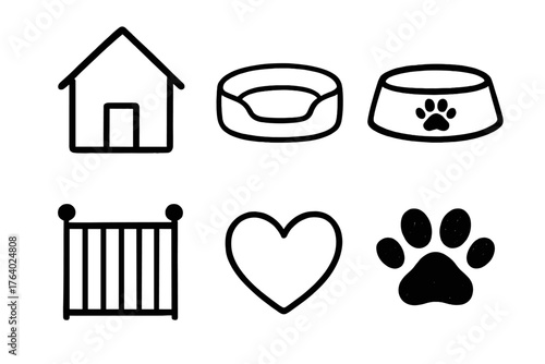 Home Safety set of icons in doodle hand-drawn vector style: house, pet bed, food bowl, gate, heart, paw.