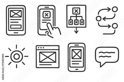 App Prototypes set of icons in doodle hand-drawn vector style: wireframe layout, clickable mockup screen, navigation flowchart, user journey map, interaction hotspot icon, design