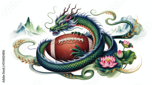 Majestic Chinese Dragon Wrapped Around American Football with Lotus Flowers and Mountains – Fantasy Asian Sports Fusion Illustration