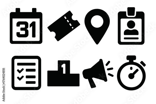Event Management silhouette set: calendar date, ticket pass, location pin, entry badge, schedule sheet, trophy podium, announcement megaphone, countdown timer.