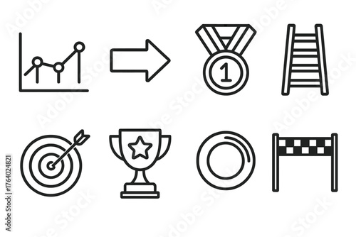 Achievement Tracking outline icon set: timeline chart, goal arrow, medal icon, step ladder, dartboard, star trophy, progress circle, finish line.