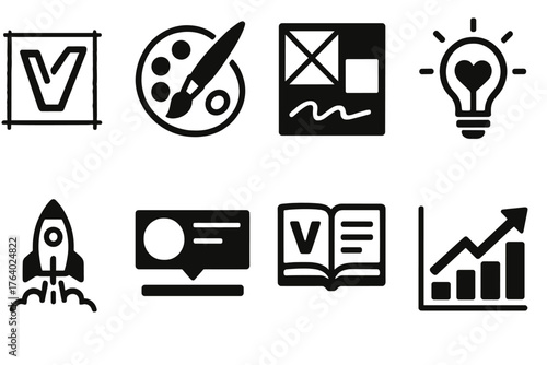 Startup Branding silhouette set: logo sketch, color palette, brand concept board, tagline icon, launch campaign, social media banner, style guide, growth chart.