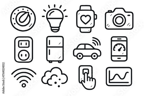 Intelligent Devices set of icons in doodle hand-drawn vector style: thermostat dial, smart bulb, smartwatch, camera icon, smart plug, refrigerator, car sensor, mobile dashboard, Wi