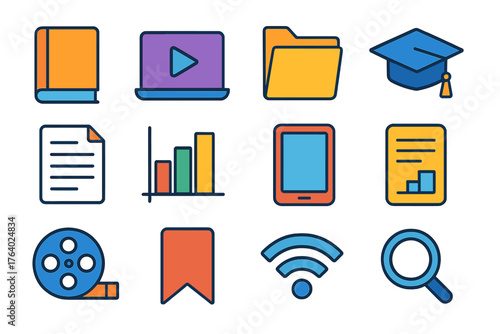 Educational Media Library flat icons: book, laptop, play button, folder, graduation cap, document, chart, tablet, film reel, bookmark, Wi-Fi signal, search icon.