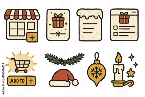 Seasonal Online Stores set of icons in doodle hand-drawn vector style: cozy e-commerce layout, red and gold accents, holiday offer card, snowy sidebar, gift list view, glowing