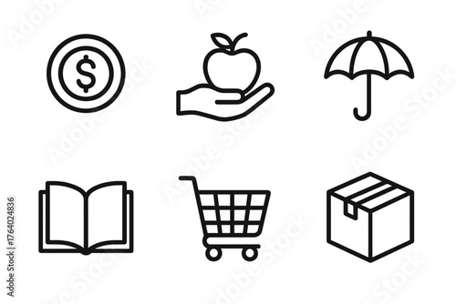 Pickup outline icon set: coin, hand with fruit, umbrella, book, shopping cart, parcel.