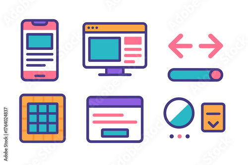 App Prototypes flat icons: mobile wireframe, desktop layout, navigation arrows, input field mock, grid alignment, modal window, progress indicator, dropdown box.