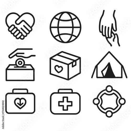 Humanitarian Support outline icon set: heart hands, globe icon, helping hand, relief tent, donation box, care package, first aid kit, unity circle.