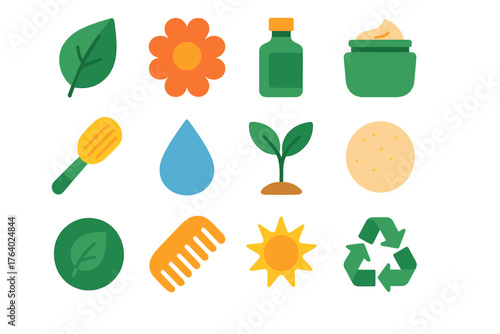 Eco Beauty flat icons: leaf, flower, glass bottle, moisturizer jar, bamboo brush, water droplet, plant sprout, cotton pad, eco badge, wooden comb, sun, recycling symbol.