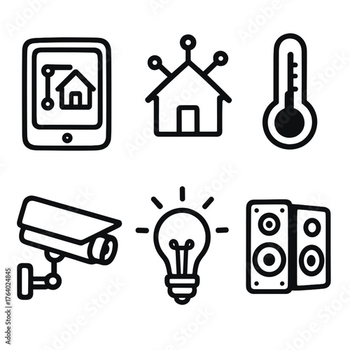 Smart Living set of icons in doodle hand-drawn vector style: tablet control, home automation, thermostat, security camera, lighting icon, sound system.