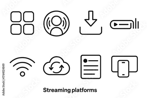 Streaming Platforms outline icon set: app icon grid, podcast logo circle, download arrow, streaming bar, signal waves, cloud sync, playlist screen, device connection.