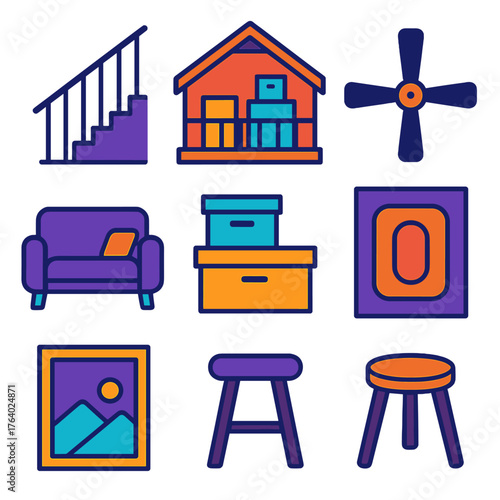 Loft flat icons: railing, attic space, ceiling fan, sofa, storage boxes, carpet, framed picture, stool.