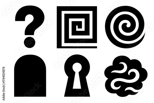 Mystery anomaly silhouette set: question mark, maze, spiral, shadow, keyhole, fog swirl.