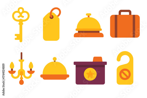 Luxury hotel key flat icons: ornate key, golden tag, bellhop bell, suitcase, chandelier, room service tray, reception desk, do not disturb sign.