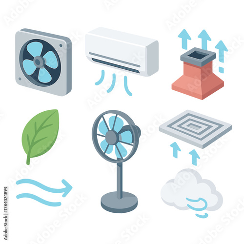 Ventilation set icons in modern isometric flat vector style: wall fan, AC unit, chimney, airflow arrows, ceiling vent, fresh leaf, oscillating fan, cloud with breeze.