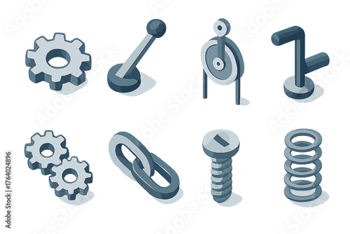 Mechanism basics set icons in modern isometric flat vector style: gear wheel, lever, pulley, crank handle, cog set, chain link, screw, spring coil.