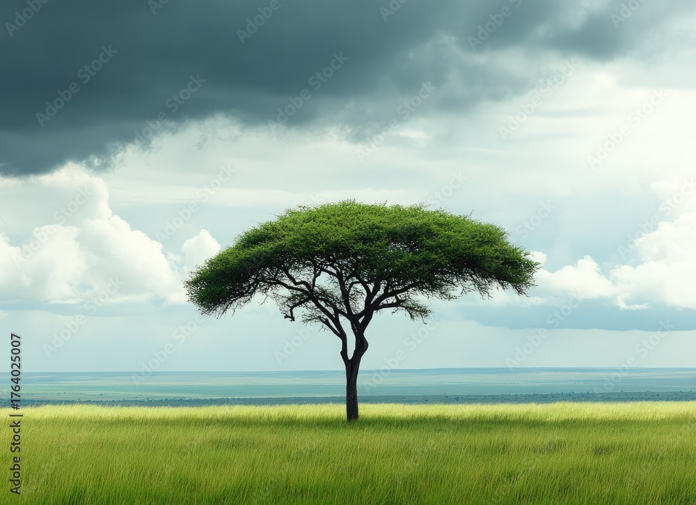 Obraz premium Solitary acacia tree stands tall beneath stormy skies