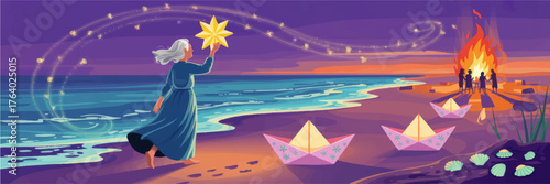 Magical Elderly Woman with Glowing Star on Beach at Sunset, Paper Boats, and Family Bonfire – Fantasy Dream Illustration