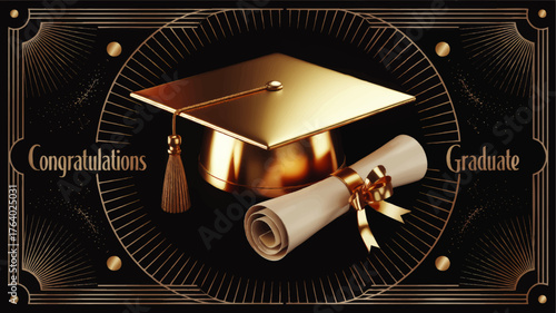 Elegant Gold Graduation Cap and Diploma on Black Art Deco Background, Congratulations Graduate Banner, Luxury Academic Celebration