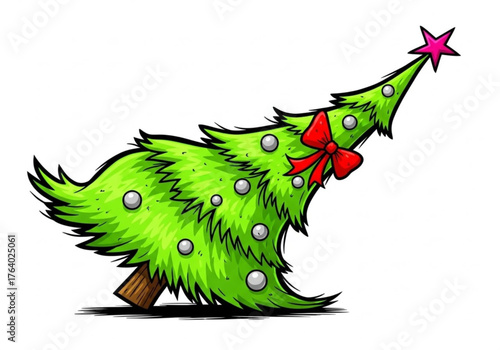 A whimsical and festive cartoon Christmas tree, adorned with ornaments, a star, and a bow, radiating the joyous spirit of the holiday season.