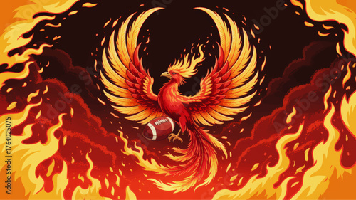 Fierce Phoenix with Flaming Wings Holding American Football Rising from Fire – Epic Sports Fantasy Illustration