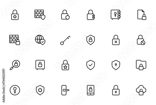 Lock and Key icon set. Security vector illustration.Featuring padlock, safebox shield, door lock and mor. Editable stroke line icos.