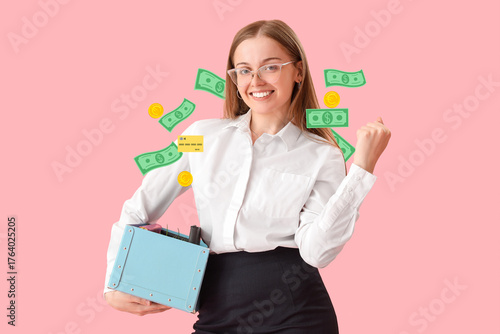 Happy fired young woman hol...