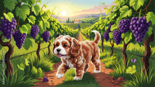 Adorable Cavalier King Charles Spaniel Puppy Walking in a Vibrant Vineyard at Sunset, Cartoon Style Illustration