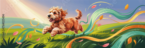 Energetic Cartoon Dog Running Through Colorful Meadow at Sunrise, Playful Pet in Vibrant Nature Landscape Illustration