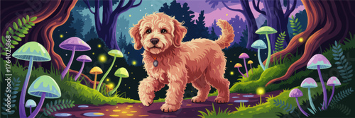 Cute Fluffy Dog Walking in Enchanted Forest at Night with Glowing Mushrooms, Colorful Fantasy Landscape Illustration