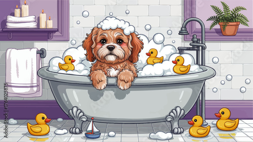 Cute Puppy in Bubble Bath with Rubber Ducks, Playful Bathroom Scene, Adorable Dog Illustration, Whimsical Child Art