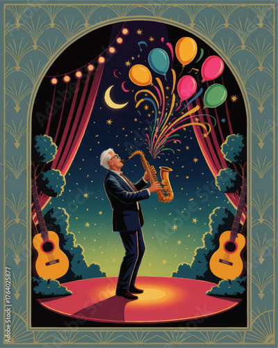 Elegant Jazz Musician Playing Saxophone on Stage with Balloons, Night Sky, and Moon – Festive Art Deco Concert Illustration