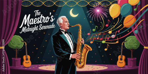Elegant Jazz Maestro Playing Saxophone on Stage Under Moonlight with Fireworks, Balloons, and Colorful Music Notes – Vector Illustration