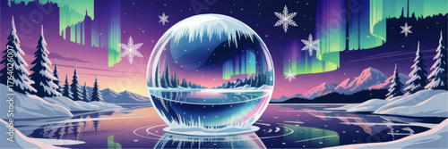 Winter Fantasy Landscape with Snow Globe, Northern Lights, Pine Trees, Snowy Mountains, and Frozen Lake – Vibrant Vector Illustration