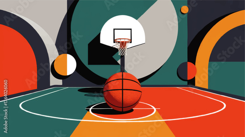 Abstract Geometric Basketball Court Illustration with Bold Colors, Modern Art Style, Basketball Hoop and Ball, Sports Concept Background