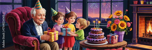Happy Grandfather Birthday Celebration with Grandchildren, Gifts, Cake, Fireworks, Cozy Fireplace and Flowers, Colorful Illustration