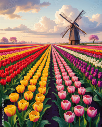 Stunning Colorful Tulip Fields with Traditional Dutch Windmill at Sunrise, Vibrant Spring Landscape, Holland Countryside