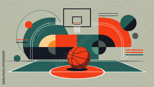 Abstract geometric basketball court illustration with colorful shapes, basketball hoop, and modern minimal background design