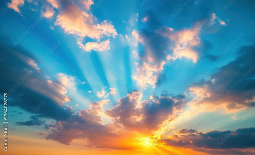 Obraz premium Sunset rays burst through clouds in a bright blue sky