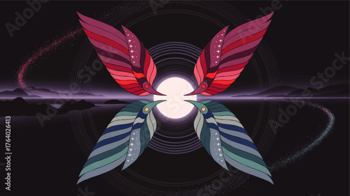 Abstract Cosmic Butterfly with Colorful Stylized Wings, Surreal Night Landscape, and Shining Full Moon Illustration