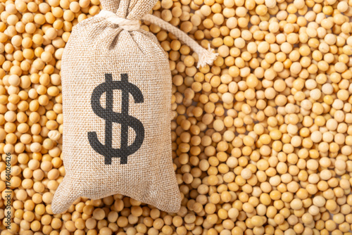 A burlap sack of US money atop soybeans symbolizes the economic fallout of the U.S.–China trade war, where China's halt on American soybean purchases turned crops into stranded capital