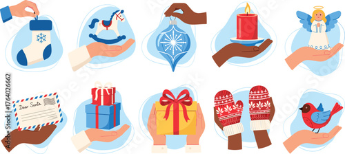 A young couple happily decorating a beautiful Christmas tree together for the winter holidays, preparing for celebration