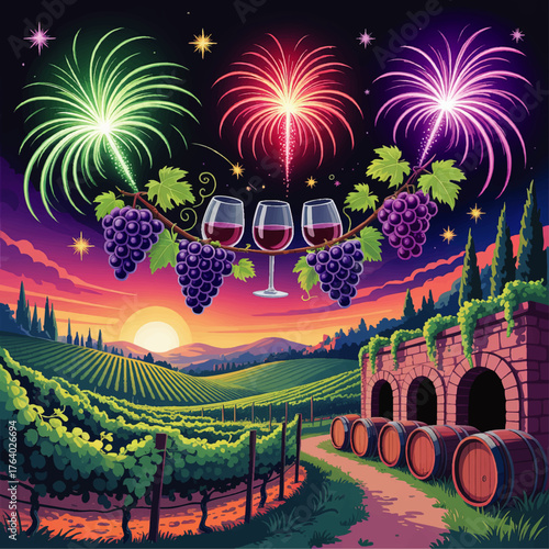 Vibrant Vineyard Celebration at Sunset with Fireworks, Red Wine, Grapes, and Wine Barrels – Festive Autumn Winery Illustration