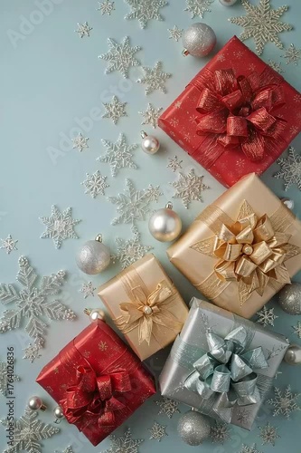 Colorful holiday gifts arranged with shimmering snowflakes and ornaments create a festive atmosphere for celebrations